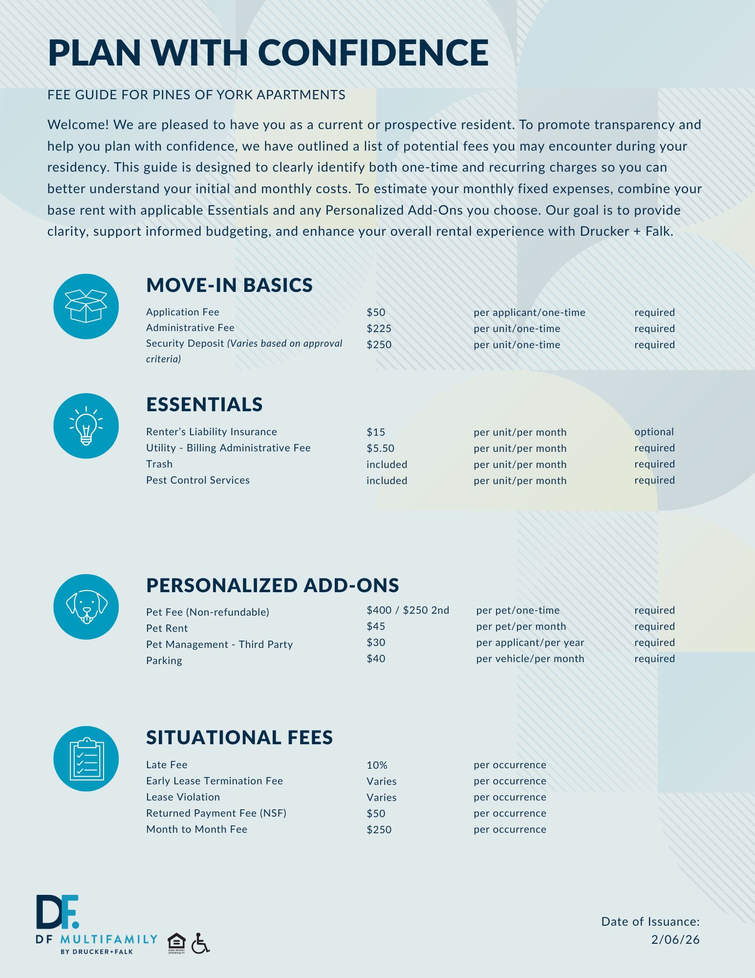 Fee Guide for Pines of York - Please call our leasing office for more details